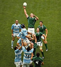 Paul O'Connell reaching for the ball during a line out against Argentina in 2007