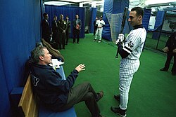 Yankee shortstop Derek Jeter, here pictured with President George W. Bush before game three of the 2001 World Series, became the first player to hit a walk-off home run in November.