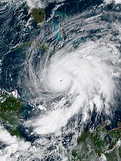 A satellite image of Hurricane Melissa making landfall in Jamaica as a Category 5 hurricane in October 2025.