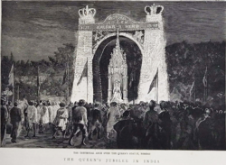 The Golden Jubilee in India; a triumphal arch over the Queen's statue in Bombay.