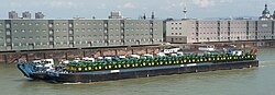 New John Deere tractors on a barge, Mannheim Harbour