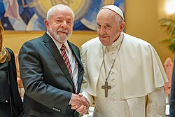 Francis and Brazilian president Luiz Inácio Lula da Silva, in 2023