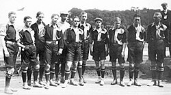 Sweden's first national football team, from left Thor Ericsson, Gustaf Bergström, Karl Gustafsson, Nils Andersson, Ove Ericsson, Thodde Malm, Erik Börjesson, Kalle Ansén, Sven Olsson, Erik Bergström and Hans Lindman (1908).