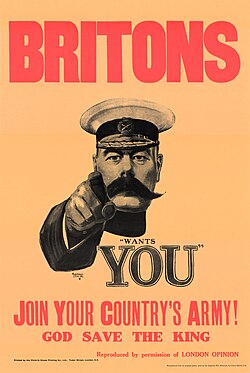 World War I recruiting poster, with Lord Kitchener pointing at the viewer
