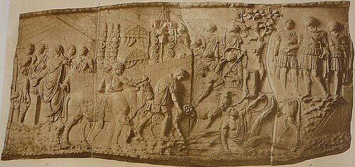 Panel from Trajan's Column depicting the lustral procession of the suovetaurilia victims under military standards
