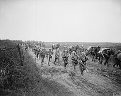 Men of the 16th Battalion, Royal Irish Rifles of the 36th (Ulster) Division moving to the front line 20 November 1917