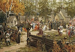 Sergius of Radonezh blessing Dmitry Donskoy in Trinity Sergius Lavra, before the Battle of Kulikovo, depicted in a painting by Ernst Lissner