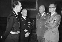 A meeting of the four jurists who imposed Nazi ideology on the legal system of Germany (left to right: Roland Freisler, Franz Schlegelberger, Otto Georg Thierack, and Curt Rothenberger)