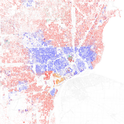 Map of racial distribution in Detroit, 2010 U.S. Census. Each dot is 25 people: ⬤ White ⬤ Black ⬤ Asian ⬤ Hispanic ⬤ Other