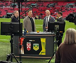 Mark Chapman, Sam Burgess, Jamie Peacock and Jon Wilkin, providing the BBC Sport coverage of the 2025 Rugby League Ashes, at Wembley Stadium.