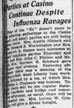 An article naming wealthy socialites for violating city law banning public gatherings, Chicago Tribune, October 19, 1918. Named violators include Joan Pinkerton Chalmers, daughter of Pinkertons private police founder Allan Pinkerton.[105]