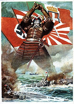 Italian propaganda poster by Gino Boccasile illustrating the strength of the Tripartite Pact, with samurai warrior sinking British and American ships, and the naval ensigns of the three powers flying behind him.