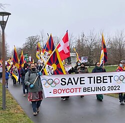 Protest by Tibetan independence groups against Chinese Winter Olympics (2022) held in Lausanne at the headquarters of the IOC
