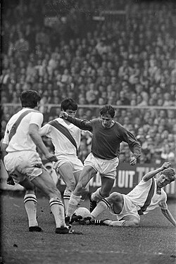 Cruyff dribbles past three defenders from Den Haag, 26 May 1968.
