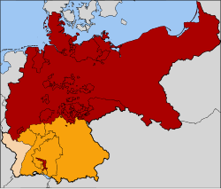 Map of the North German Confederation (red), four southern German states (orange) and Alsace–Lorraine (beige)