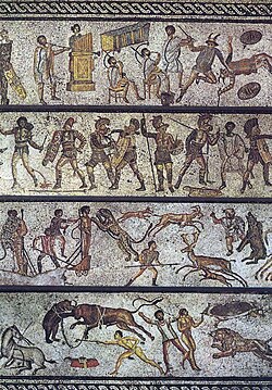 The Zliten mosaic, from a dining room in present-day Libya, depicts a series of arena scenes: from top, musicians; gladiators; beast fighters; and convicts condemned to the beasts[358]