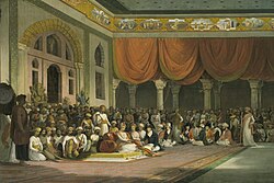 Maratha Peshwa Madhavrao II, surrounded by nobles in his court in 18th-century India.