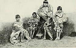 "Alakaluf Fuegians, dressed in huanaco skins" (c. 1882)