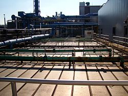 Odor control covers at a sewage treatment plant: Under these covers, grit and gravel are settled out of the wastewater.