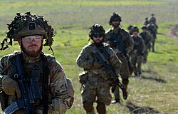 Danish soldiers on patrol at the Chinchilla training area, Spain, during NATO exercise Trident Juncture 15