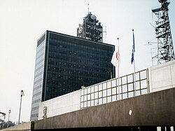 The second Fuji Television HQ in Kawadacho, Shinjuku (with addition of taller building), April 1991