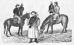 1870s illustration of burkut falconers in Kazakhstan