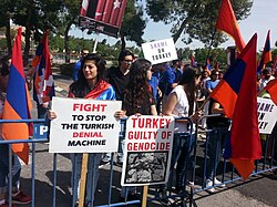 Armenians protesting for recognition of the Armenian genocide in front of the Turkish consulate in Jerusalem. The protest was held on Armenian Genocide Remembrance Day of 2016.