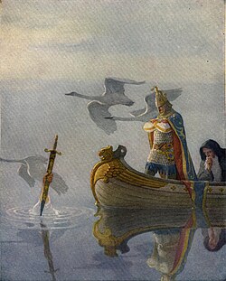 Arthur receiving the later tradition's sword Excalibur in N. C. Wyeth's illustration for The Boy's King Arthur (1922), a modern edition of Thomas Malory's 1485 Le Morte d'Arthur
