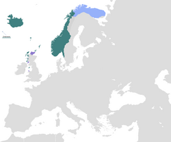 The Norwegian Kingdom at its greatest extent during the 13th century, including the Open Border with the Novgorod Republic