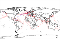 2007 map showing submarine fiberoptic telecommunication cables around the world
