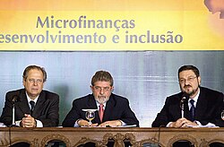Chief of staff José Dirceu, Lula, and finance minister Antonio Palocci, 2003