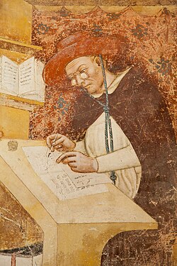 Portrait of Cardinal Hugh of Saint-Cher by Tommaso da Modena, 1352, the first known depiction of spectacles[235]