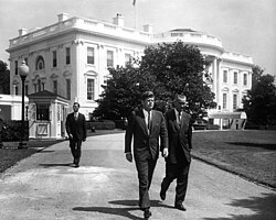 President John F. Kennedy and Vice President Johnson outside the White House in August 1961