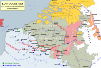Low Countries; note the location of Prince-Bishopric of Liège (in pink). Red lines show the pré carré, a double line of fortresses guarding the French border.