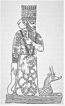 9th-century BC depiction from a cylinder seal of the Statue of Marduk, Babylon's patron deity Marduk's main cult image in the city[55]