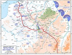 Map showing the Western Front as it stood on 11 November 1918. The German frontier of 1914 had been crossed only in the vicinities of Mulhouse, Château-Salins, and Marieulles in Alsace-Lorraine.