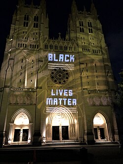 "Black Lives Matter" on the facade of the Washington National Cathedral, June 10, 2020