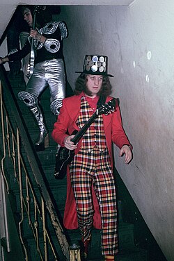 Noddy Holder (right) and Dave Hill (left) of Slade, near the height of their fame in 1973, showing some of the more extreme glam rock fashions