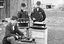 British Post Office engineers inspect Guglielmo Marconi's wireless telegraphy (radio) equipment in 1897.