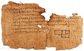 One of the oldest surviving fragments of Euclid's Elements, found at Oxyrhynchus and dated to c. AD 100 (P. Oxy. 29). The diagram accompanies Book II, Proposition 5.[137]