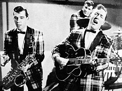 Bill Haley and the Comets wearing tartan shawl collar jackets associated with the rockabilly subculture, 1956