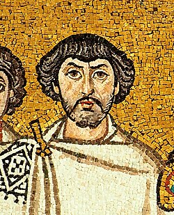 Sixth century mosaic possibly depicting Belisarius in the Church of San Vitale, Ravenna, which celebrates the reconquest of Italy by the Byzantines.