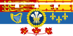 Royal standard for the Prince of Wales in Canada. The feathered badge is placed in its centre.