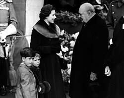 Churchill with Queen Elizabeth II, Prince Charles and Princess Anne, 10 February 1953