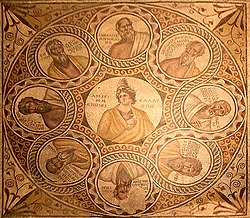 Seven Wise Men Mosaic: Calliope, surrounded by Socrates and seven wise men (Baalbeck, 3rd century AD)