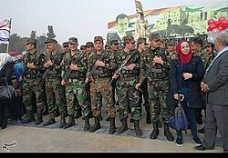 Syrian Arab Army soldiers at the celebrations of the 2nd anniversary of the liberation of Aleppo, 2018.