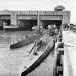 Captured Type VII and Type IX U-boats outside their pen in Trondheim, Norway, 19 May 1945