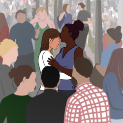 Illustration of two women embracing in a crowd with one kissing the other. In the background, one person points and another yells at the couple, and people stare in the foreground.