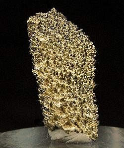 Crystalline gold specimen from the Dixie mine, Lamartine District, SW of Idaho Springs, Colorado. Size: 1.8 x 0.9 x 0.2 cm.[3]