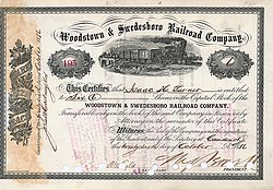 Share from the Woodstown and Swedesboro Railroad Company from October 26, 1886